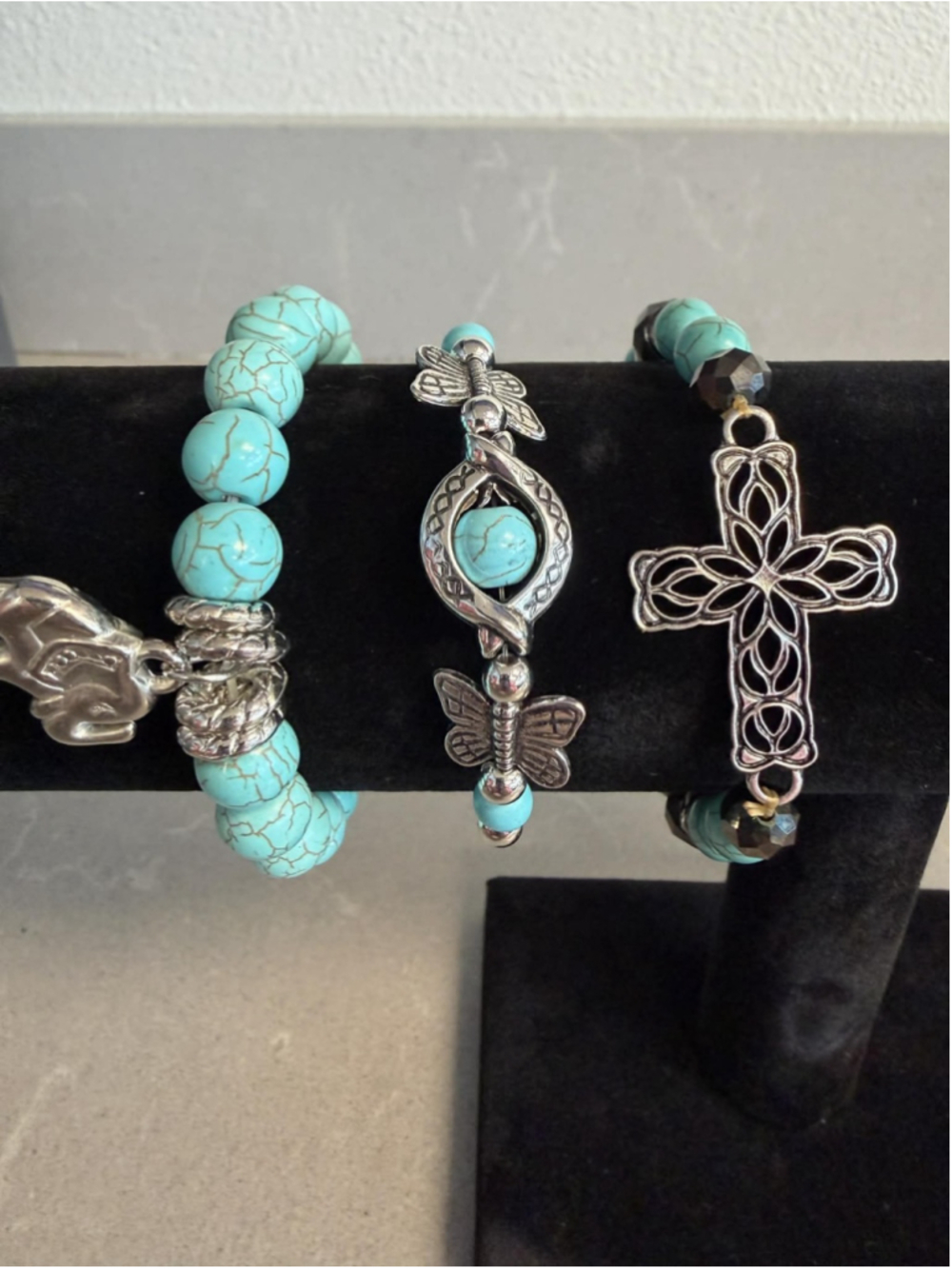 Boho Turquoise Bracelet Set Cross Butterfly Charms Silver Tone Beaded Set Of 3